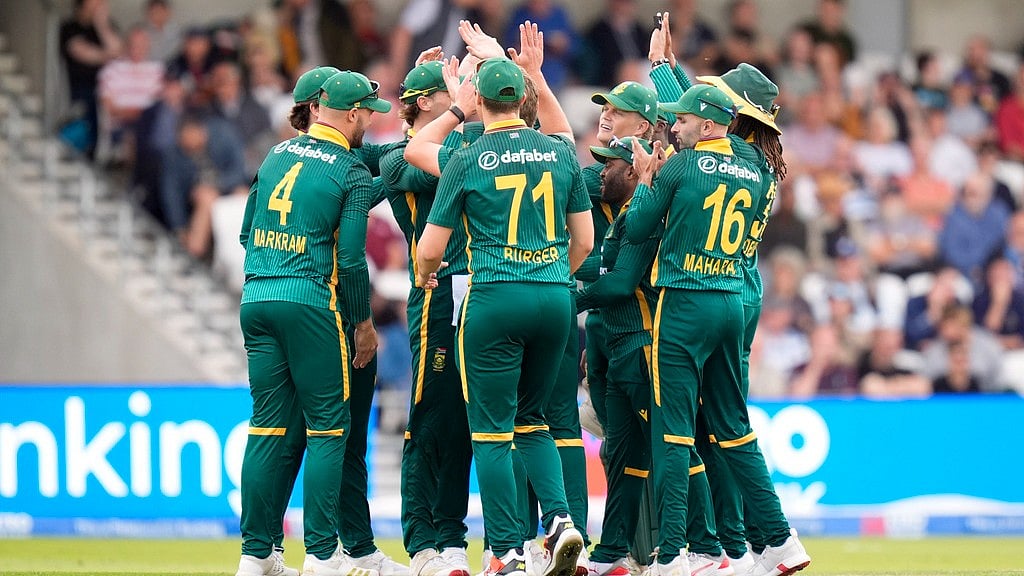 AP/Danny Lawson : South Africa's players celebrate after England's Harry Brook is run out during the first One Day International