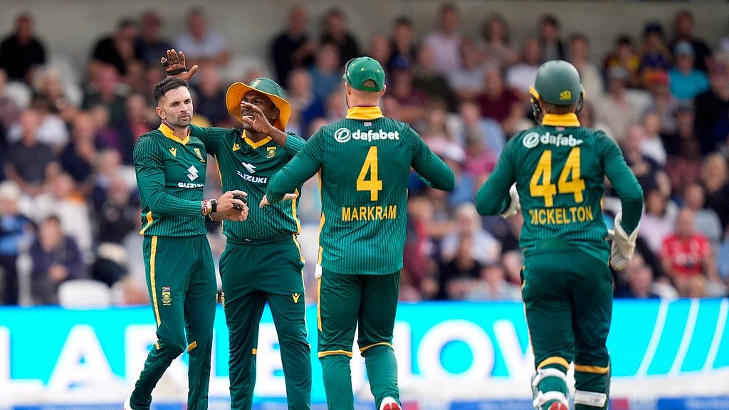 South Africa's Keshav Maharaj, left, and his teammates celebrate the wicket of England's Will Jacks - AP/Danny Lawson