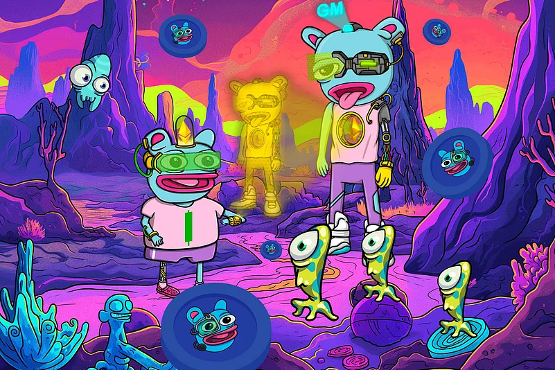 Colorful cartoon world with quirky aliens, neon landscapes, and two VR-wearing blue bear characters.