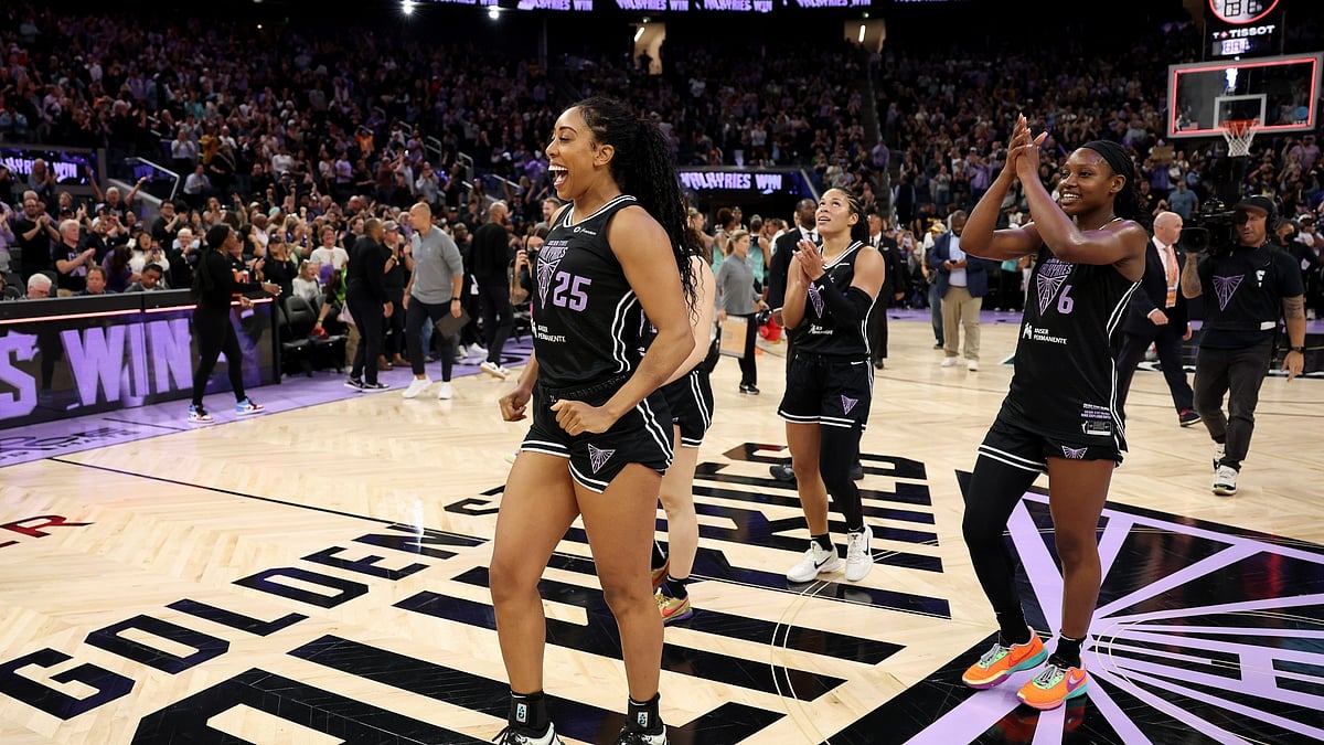 Monique Billings #25 of the Golden State Valkyries reacts after they beat the New York Liberty at Chase Center on September 02, 2025 in San Francisco, California.
