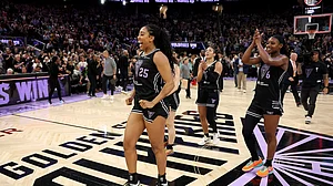 Monique Billings #25 of the Golden State Valkyries reacts after they beat the New York Liberty at Chase Center on September 02, 2025 in San Francisco, California.