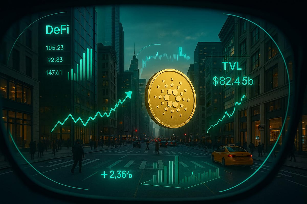 Cardano logo with DeFi data and graph on a digital image