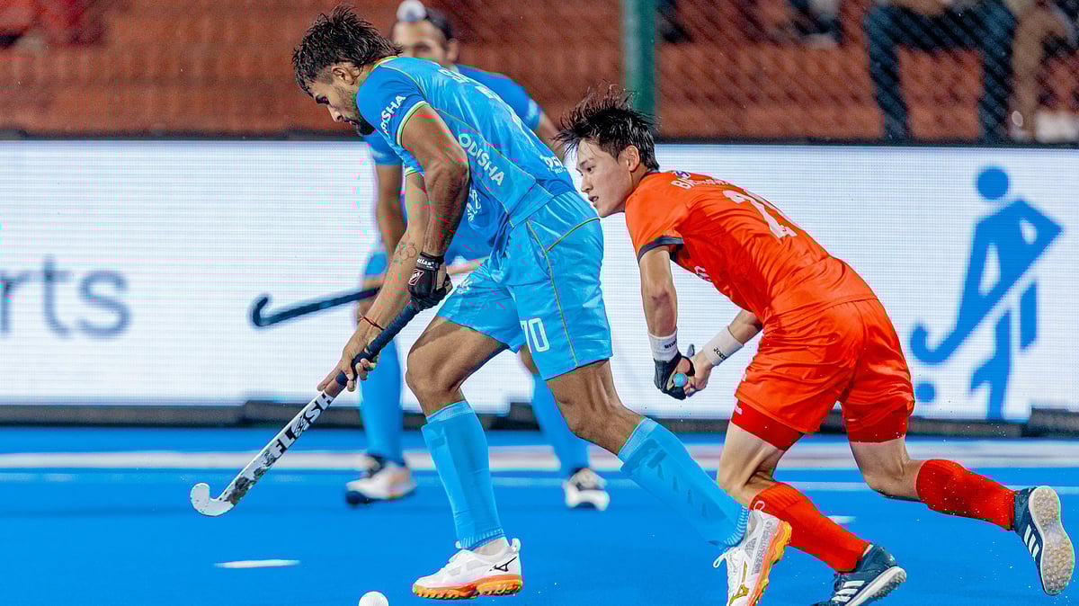 | Photo: X/asia_hockey : South Korea players in action against India in the Hockey Asia Cup 2025.