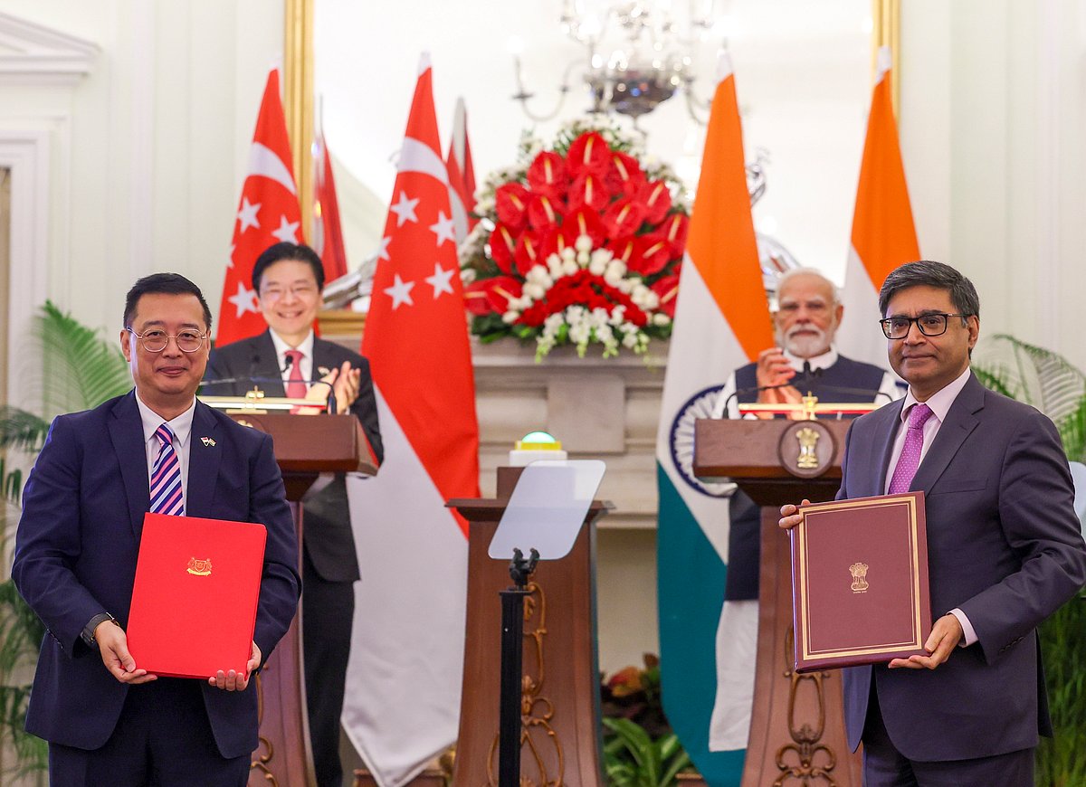 PMO via PTI photo : In this image released on Sept. 4, 2025, Prime Minister Narendra Modi with his Singaporean counterpart Lawrence Wong, Foreign Secretary Vikram Misri and others during the exchanging of MoU at the joint press statement, at Hyderabad House, in New Delhi.