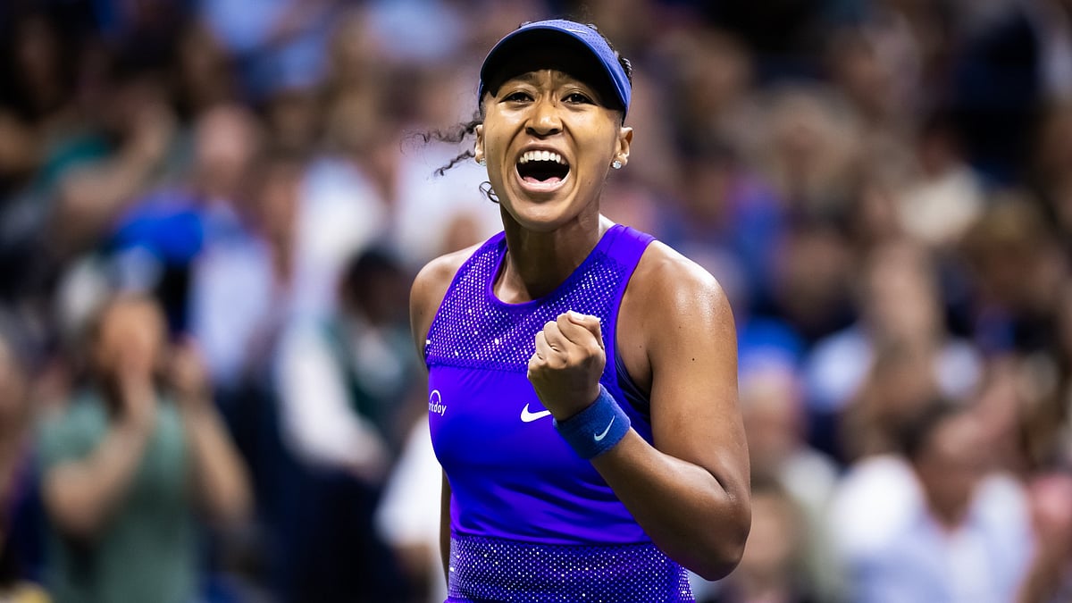 Naomi Osaka celebrates after her win over Karolina Muchova in the US Open 2025.