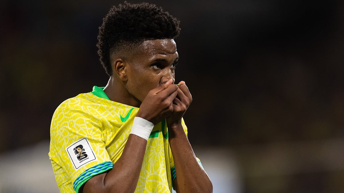 Estevao celebrates after scoring for Brazil at the Maracana.