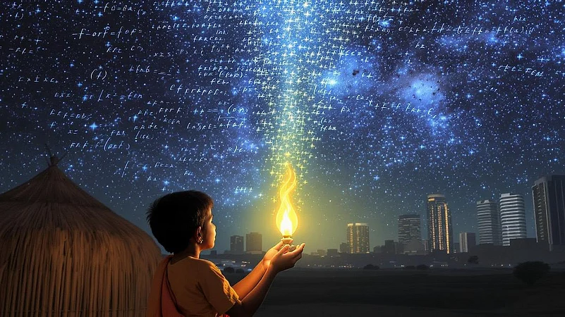 Child holding flame under starry sky with math formulas and city skyline
