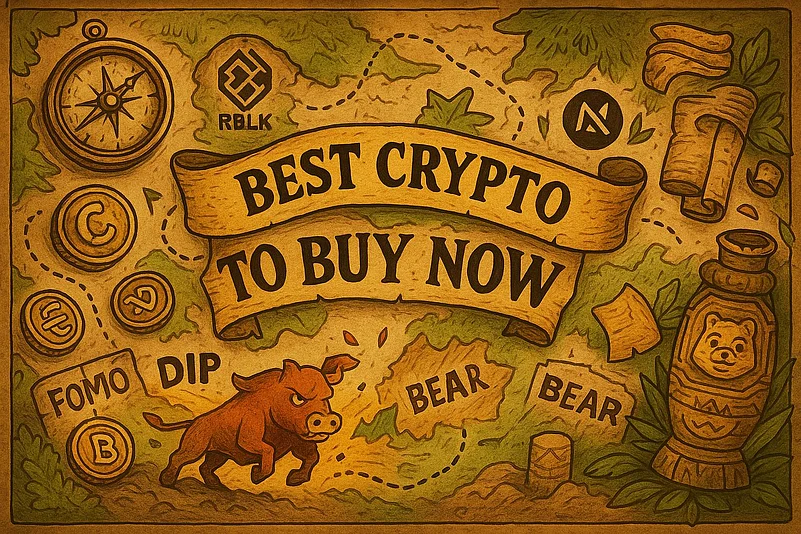 Cryptocurrency market map promoting RBLK, FOMO, DIP, BEAR market symbols