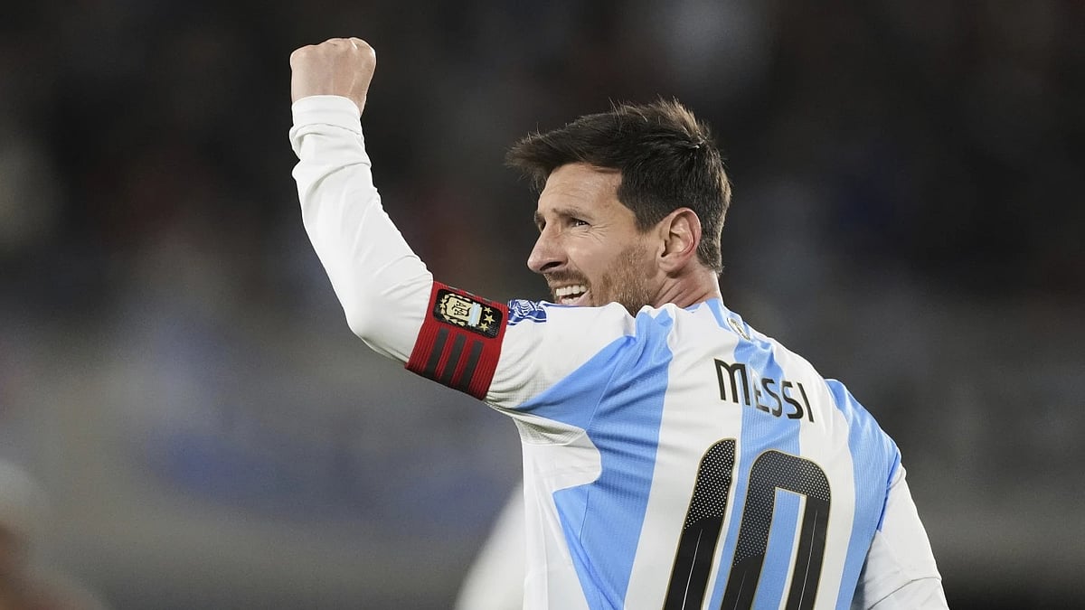 AP : Messi reacts after scoring a goal for Argentina.