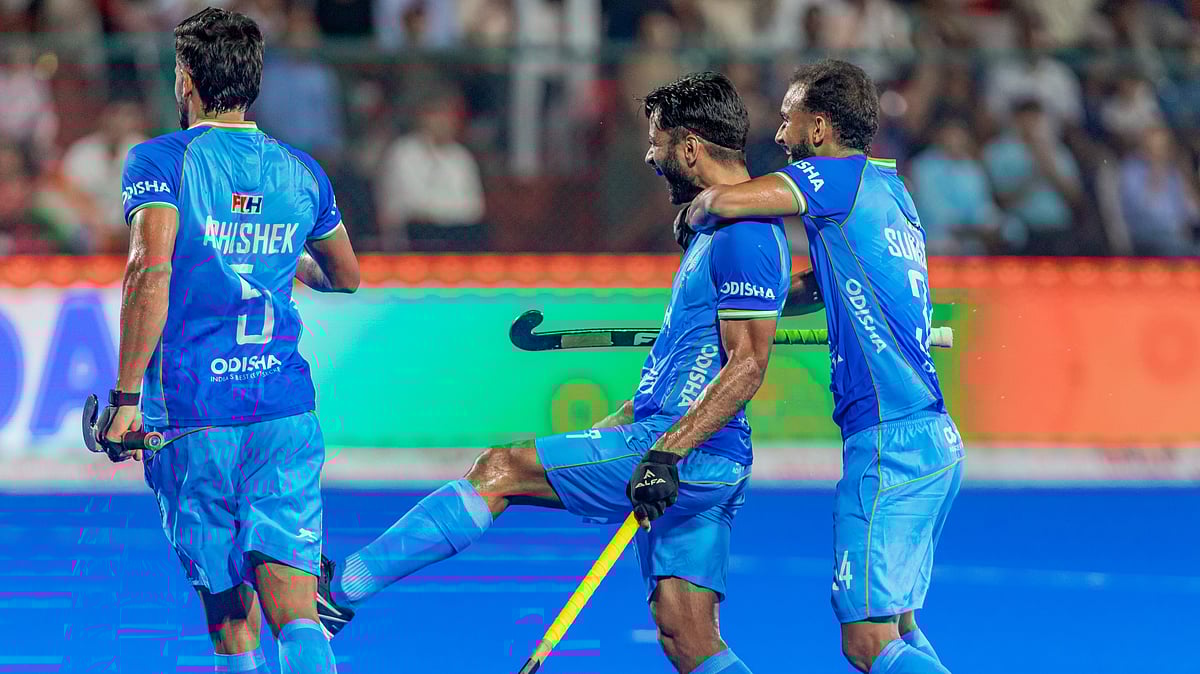| Photo: X/asia_hockey : India national team players celebrate after a goal during their win against Malaysia in the Hockey Asia Cup 2025.