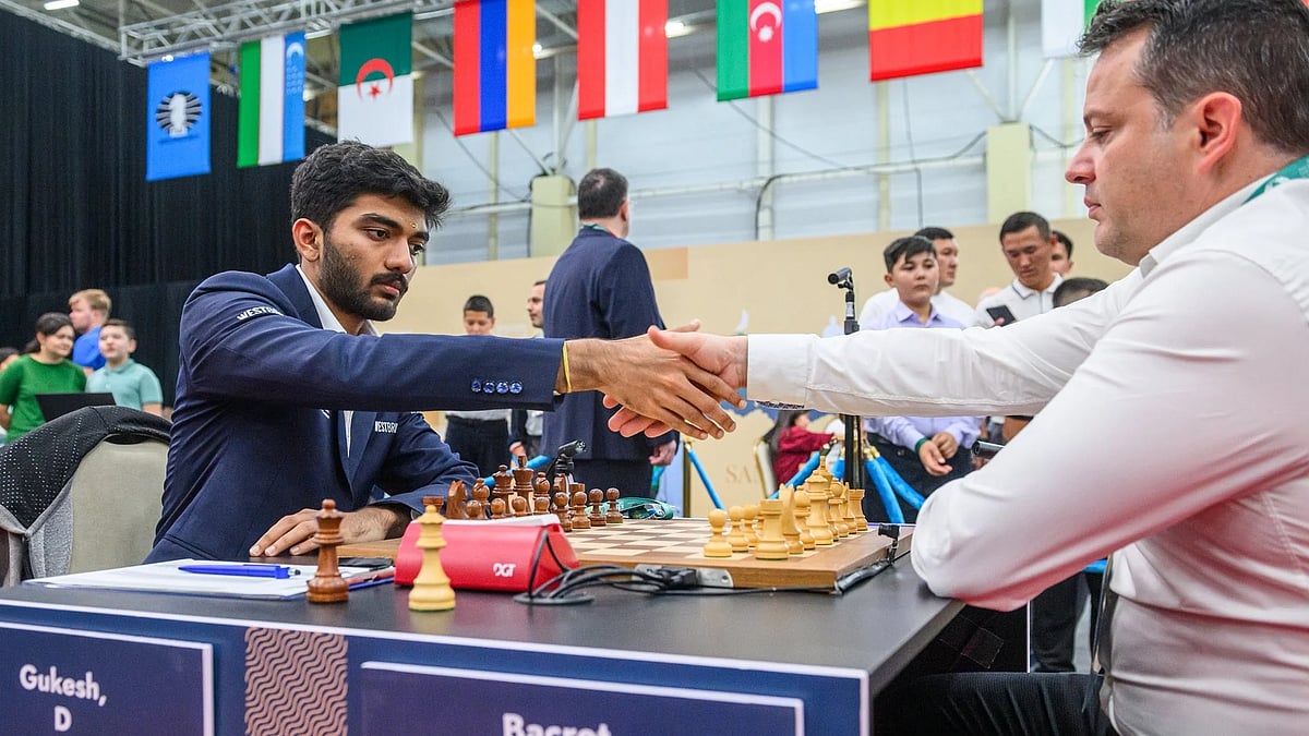 | Photo: X/FIDE_chess : D Gukesh in action against Etienne Bacrot of France in the FIDE Grand Swiss 2025 Round 1.