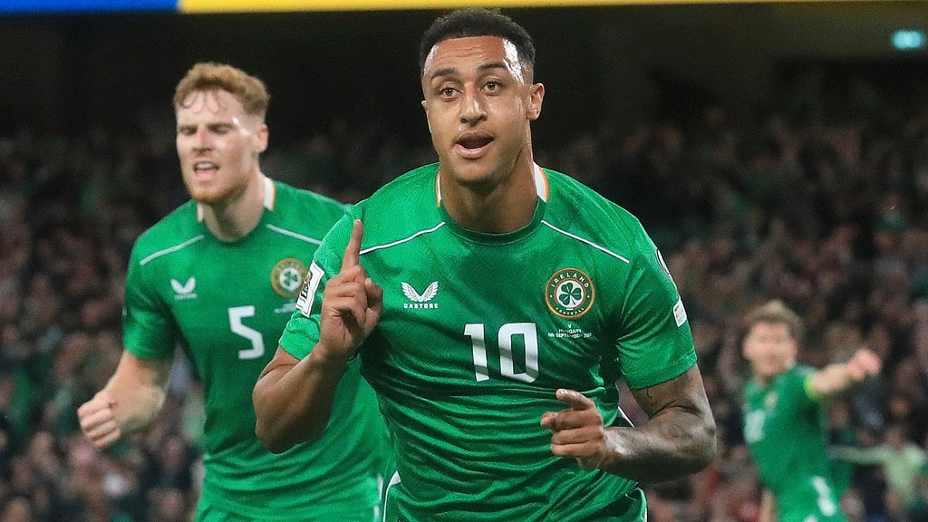 Photo: AP : Ireland Vs Hungary Highlights, FIFA World Cup European Qualifiers: Adam Idah, centre, celebrates after scoring his side's second goal in Dublin.