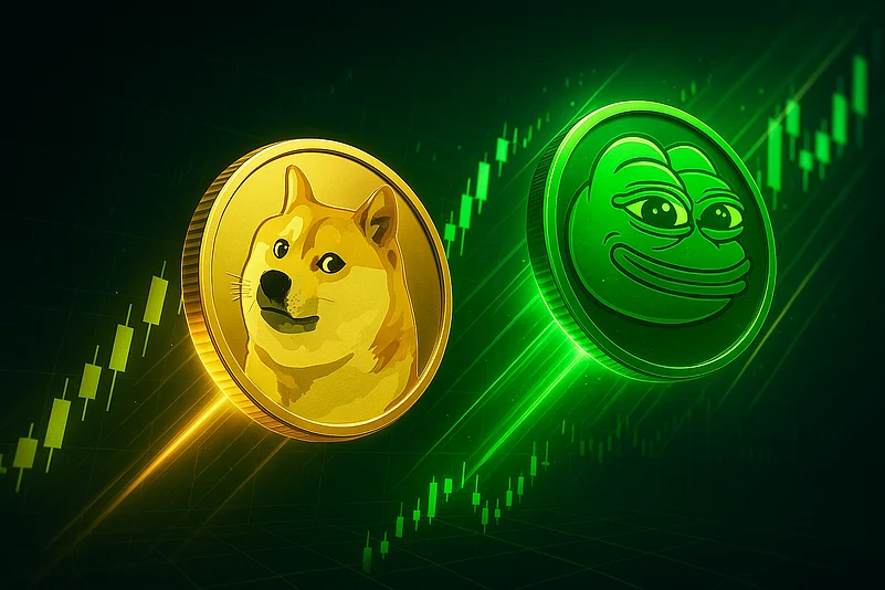 Digital illustration of Dogecoin & Pepe coin