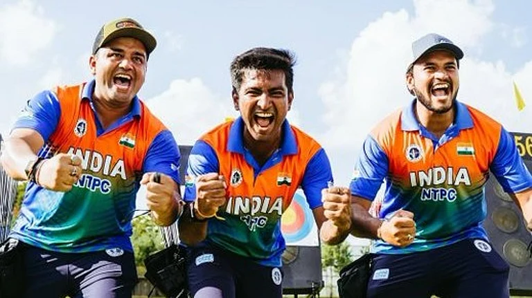 The Indian men’s compound archery team of Rishabh Yadav, Aman Saini, and Prathamesh Fuge captured their first-ever World Championships gold, defeating France 235-233 in a thrilling final in Gwangju, Korea. - X/worldarchery