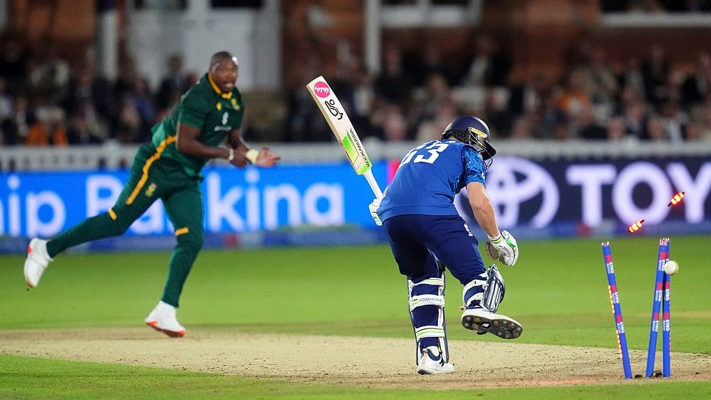 Adam Davy/PA via AP : England's Jos Buttler is bowled by South Africa's Lungi Ngidi during the second ODI series cricket match between England and South Africa, at Lord's, in London, Thursday Sept. 4, 2025