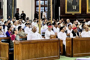 | Photo: @INCIndia/X via PTI; Representative image : Opposition party MPs meeting