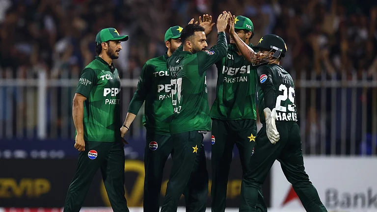 Pakistan celebrate after their UAE T20I Tri-Series 2025 win against Afghanistan. - null