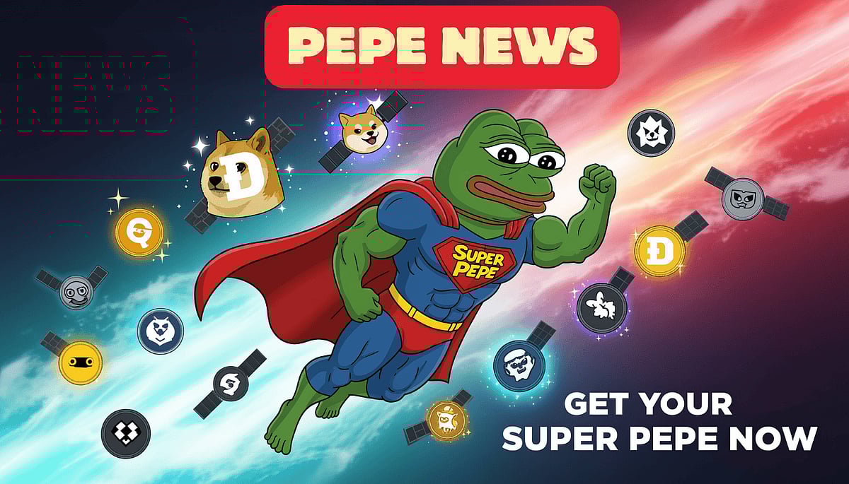 Cartoon superhero Super Pepe flying with cryptocurrency logos around him