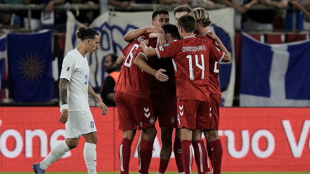 Photo: AP : Greece Vs Denmark Live Score, FIFA World Cup 2026 European Qualifiers: Danish players celebrate a goal.