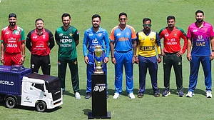 | Photo: X/ACCMedia : The national team captains pose with the ACC Asia Cup 2025 trophy in UAE.