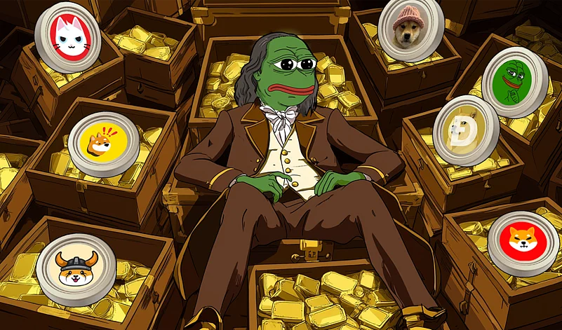 Cartoon illustration of Pepe Dollar (PEPD) & other meme coins