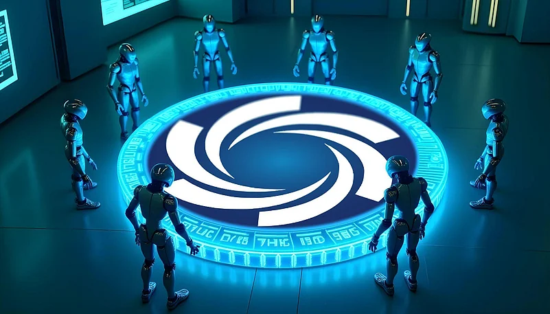 Robot around glowing futuristic symbol