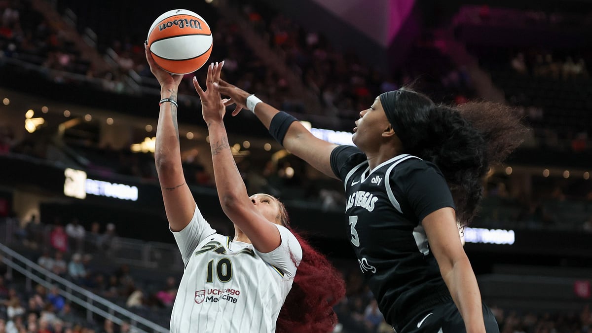 Kamilla Cardoso #10 of the Chicago Sky shoots against NaLyssa Smith #3 of the Las Vegas Aces during the first quarter of a game at T-Mobile Arena on September 09, 2025 in Las Vegas, Nevada.