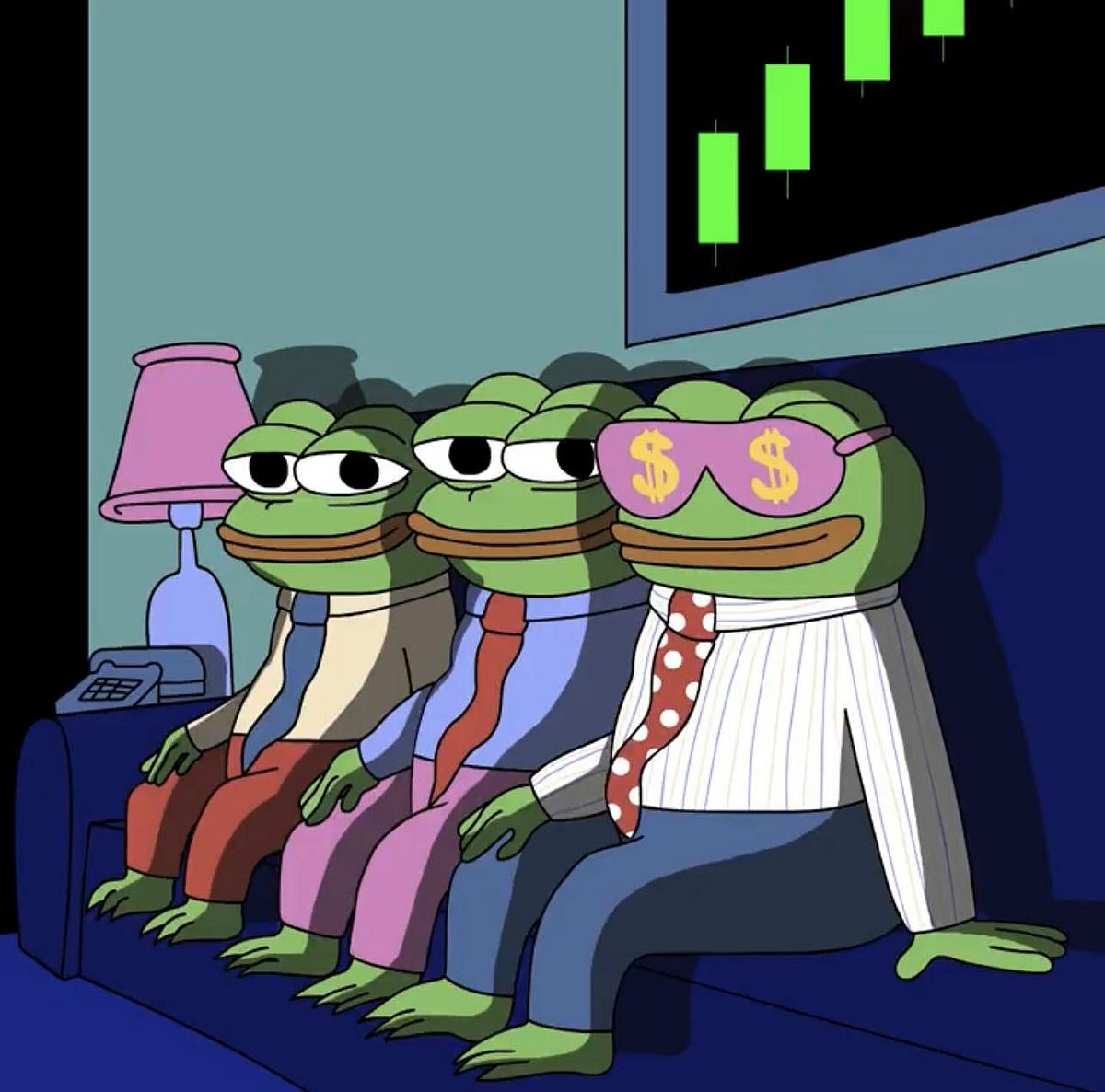 Three Pepe sitted on the sofa in a formal attire
