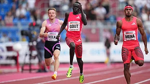 | Photo: AP/Petr David Josek : File photo of Gout Gout, of Australia, runs to win the men 200 meters during the Ostrava Golden Spike athletics meet in Ostrava, Czech Republic, on June 24, 2025.