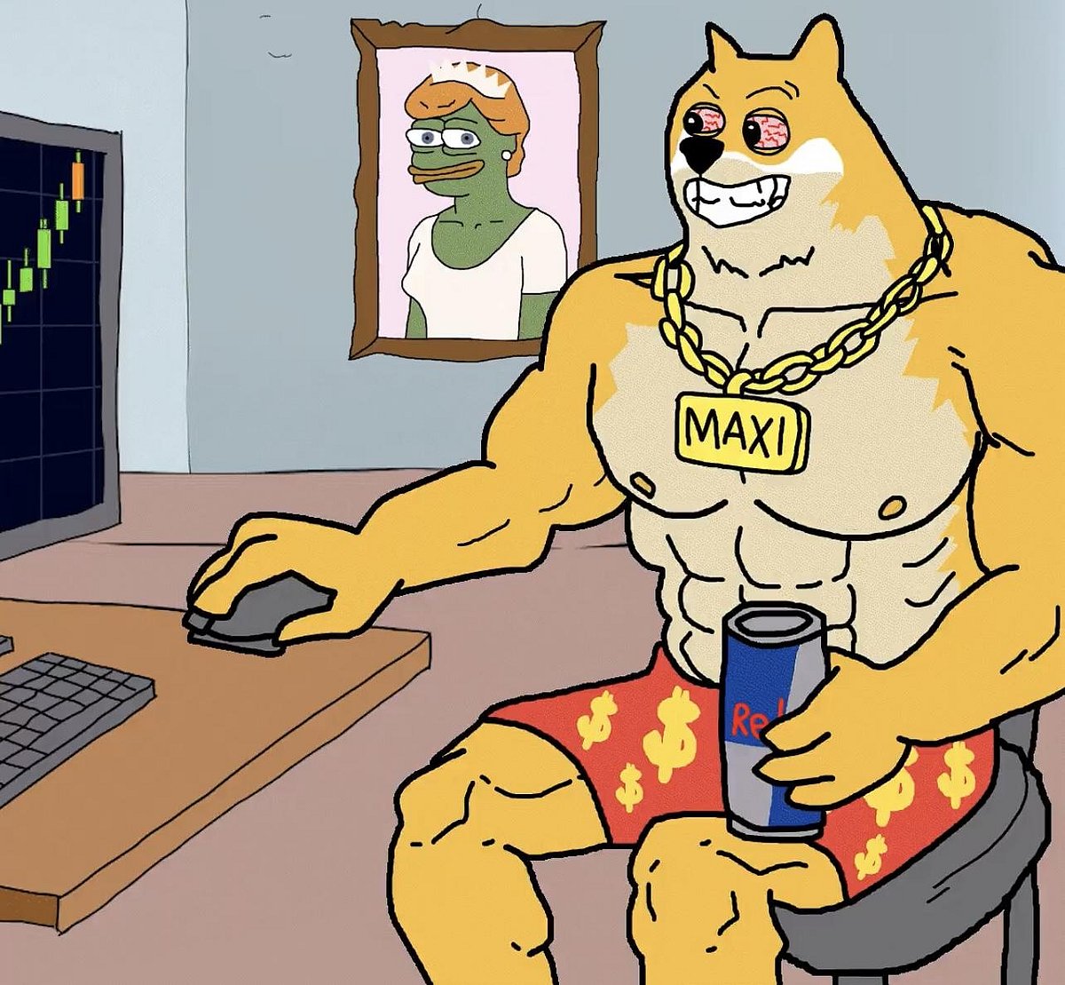 Maxi Doge holding redbull in his hand and working on computer