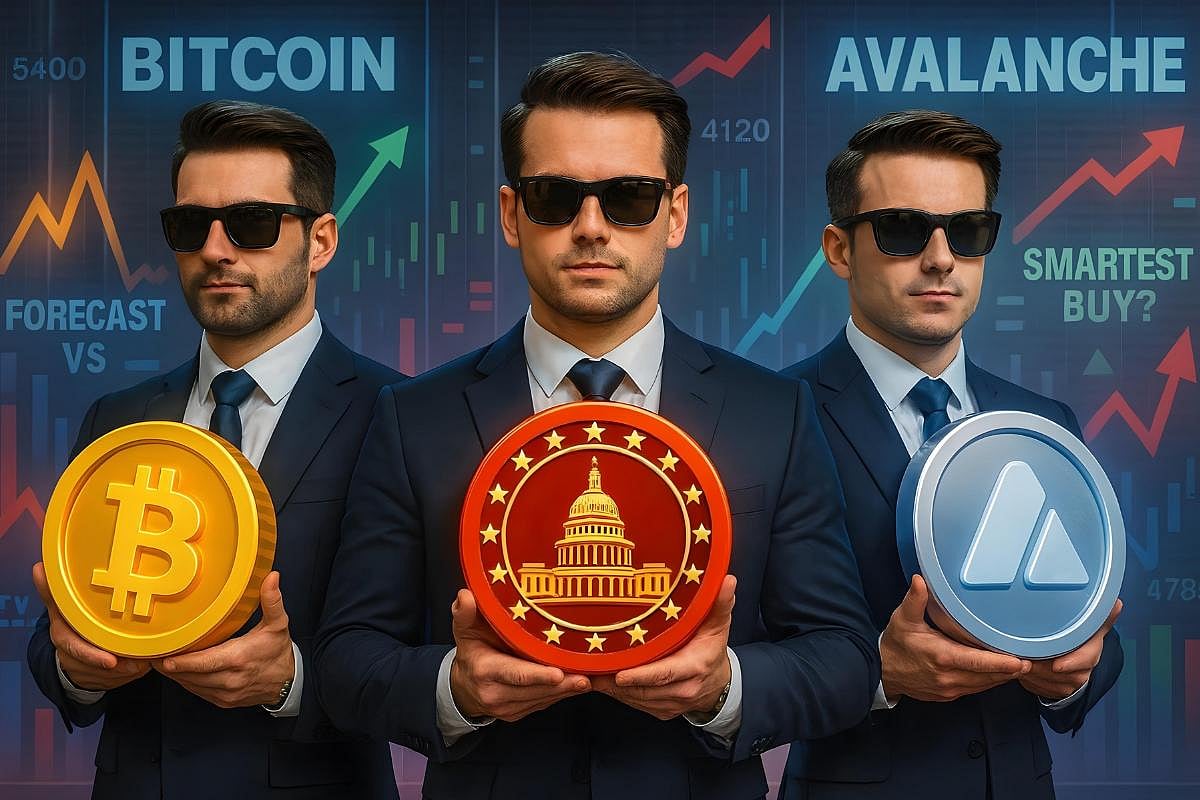 Men holding Bitcoin, regulation, and Avalanche coins with charts