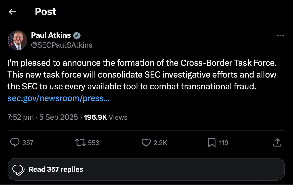 Paul Atkins tweet announcing SEC Cross-Border Task Force to combat transnational fraud. 