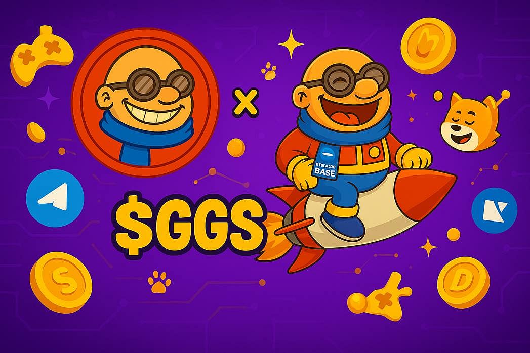 A cheerful cartoon character with sunglasses, scarf, and GGS logo, riding a rocket