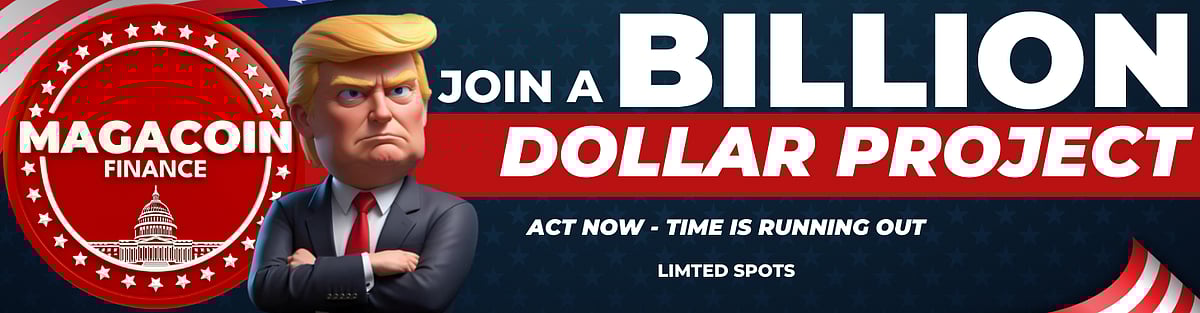 A digital banner ad for Magacoin Finance featuring a 3D rendering of Donald Trump.
