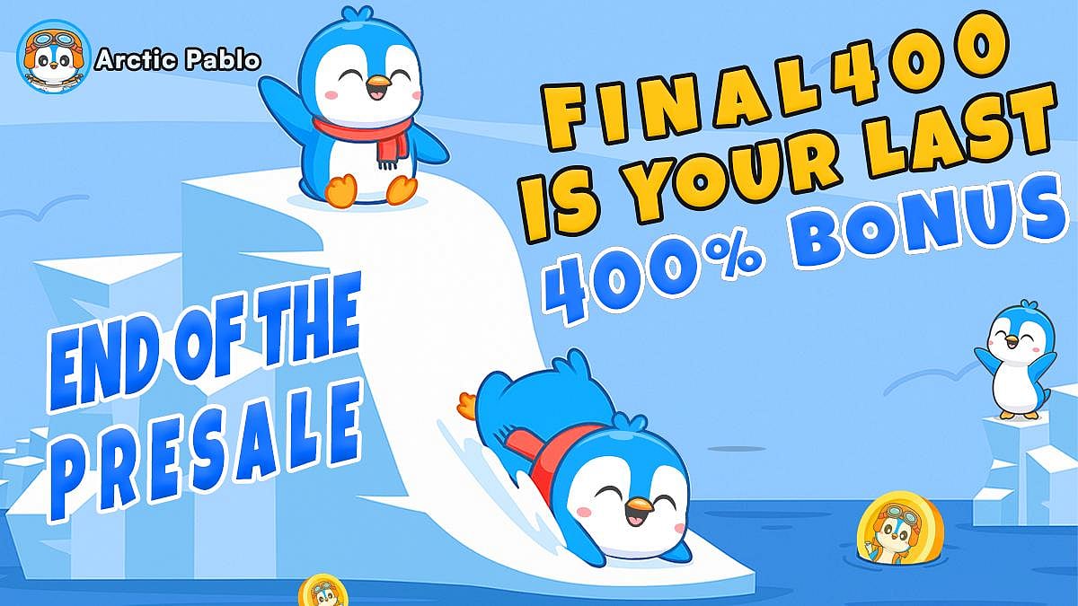 Arctic Pablo coin presales ad with penguin and 400% bonus offer