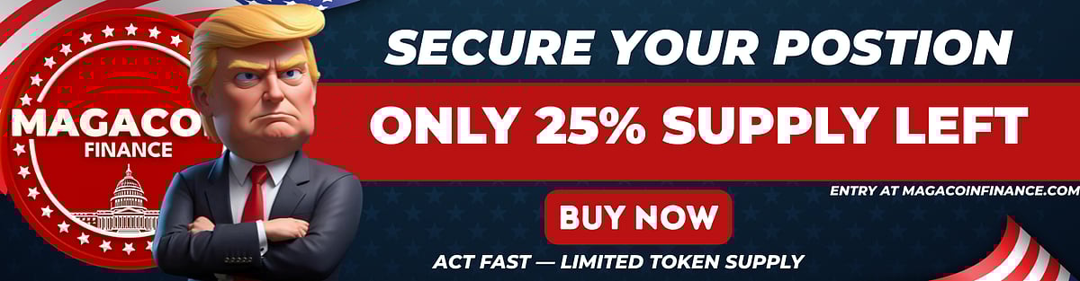 A digital banner ad for Magacoin Finance featuring a 3D rendering of Donald Trump.