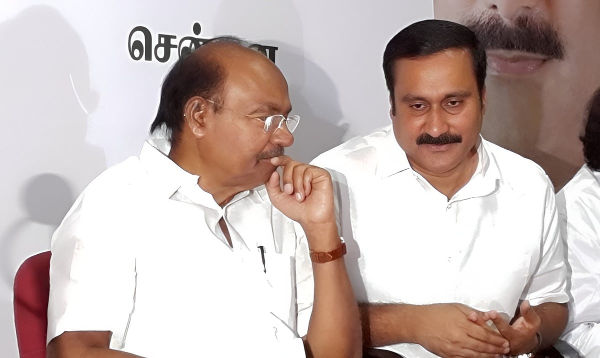  X : At the PMK state executives meeting held in Chennai, S. Ramadoss, along with Anbumani and other executives.
