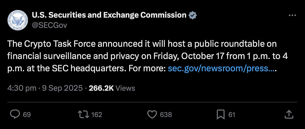 SEC tweet about upcoming crypto task force roundtable on October 17. 