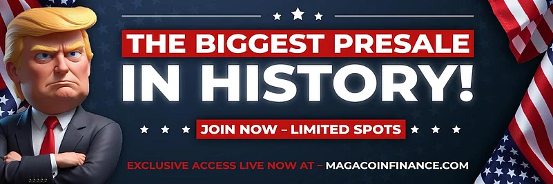 Cartoon Trump with text promoting MAGAcoin presale and website link