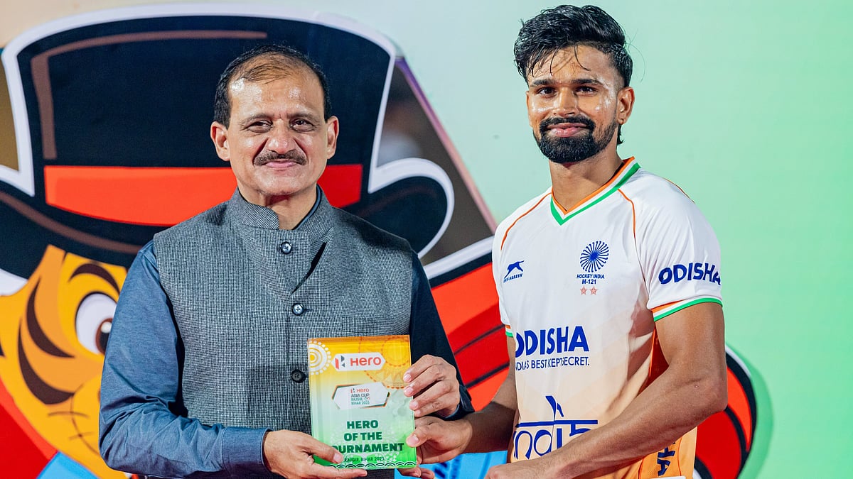 | Photo: X/asia_hockey : Abhishek with the Player of the Tournamnet trophy for the Hockey Asia Cup 2025.