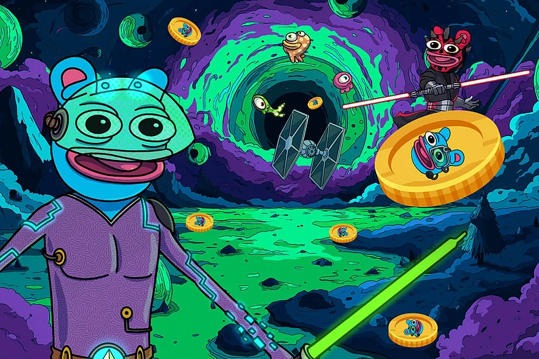 Cartoon Pepe characters in a neon sci-fi space battle with coins, lightsabers, and starships flying - null