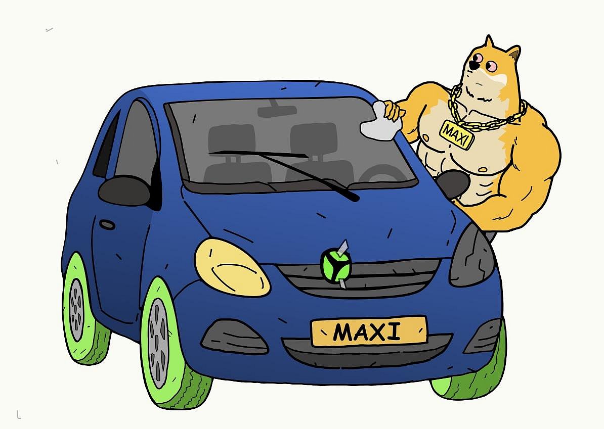 Cartoon of a Maxi Doge labeled MAXI, leaning on a blue car with a MAXI license plate.