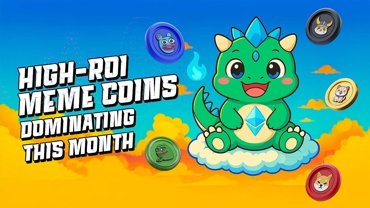 Cartoon dragon and meme coin icons with test HIGH-ROI MEME COINS