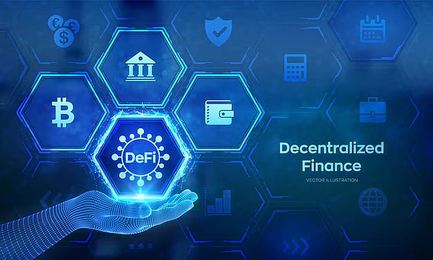 DeFi illustration with hand, logo, Bitcoin, and finance icons.