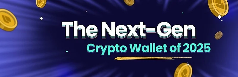 The Next-Gen Crypto Wallet of 2025 text with floating coins on a dark blue background