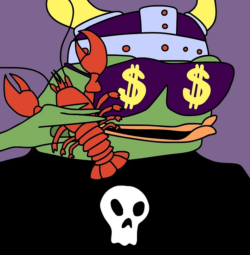 Cartoon frog in Viking helmet, dollar sign sunglasses, holding a lobster, wearing skull shirt