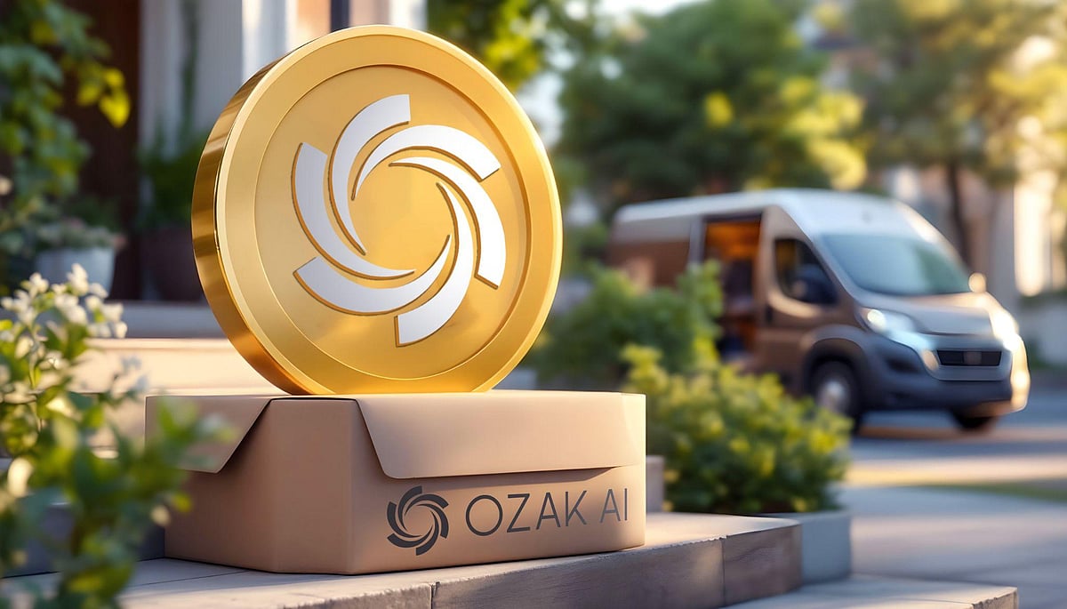 Ozak AI coin on box with van in background