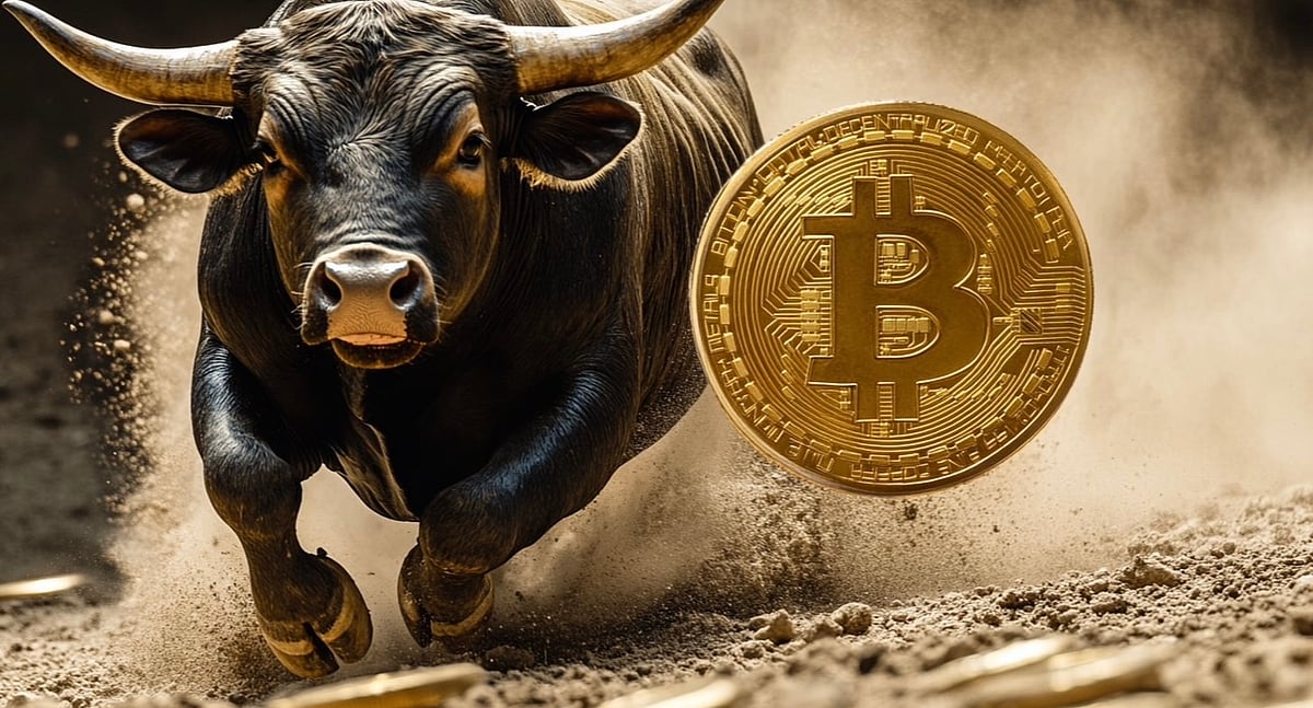 A Bitcoin with a bull running in the background