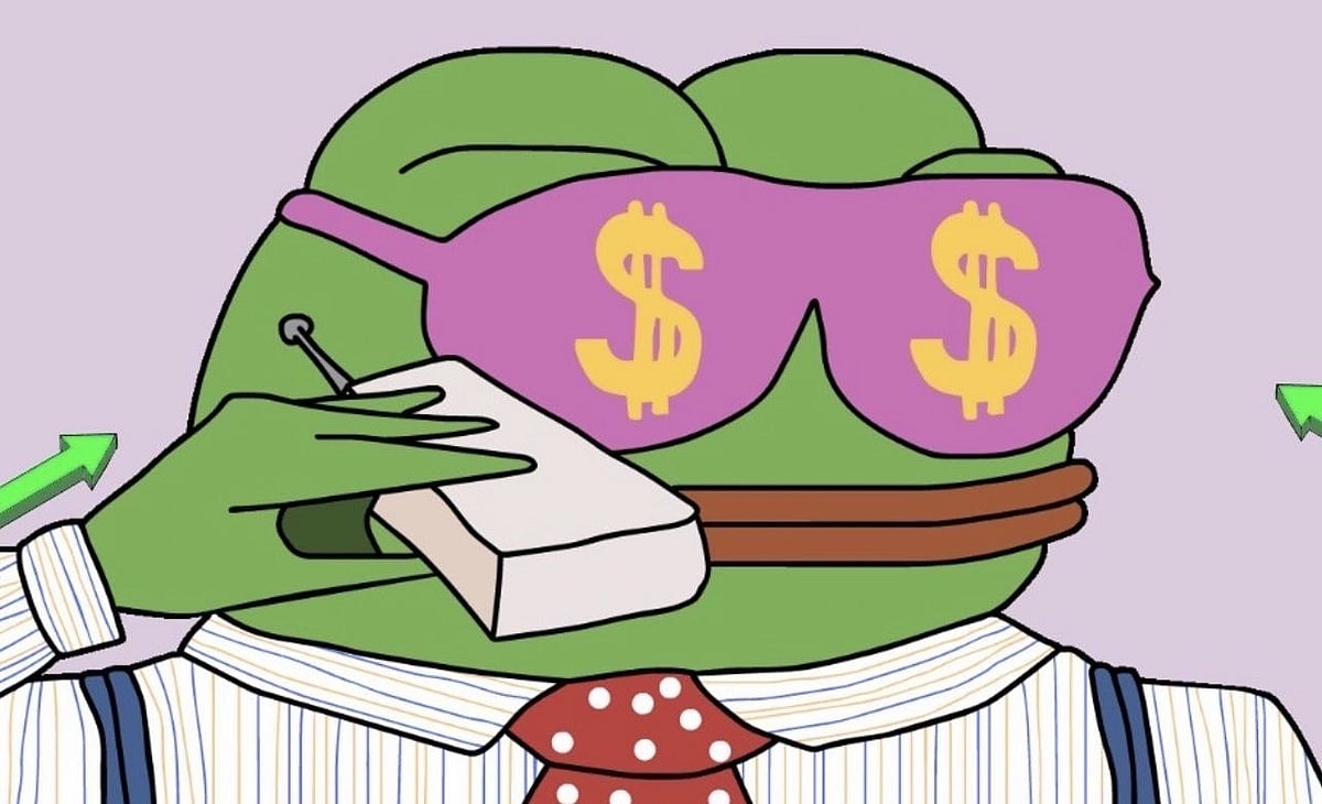Cartoonish illustration of Frog wearing pink sunglasses with dollar signs.
