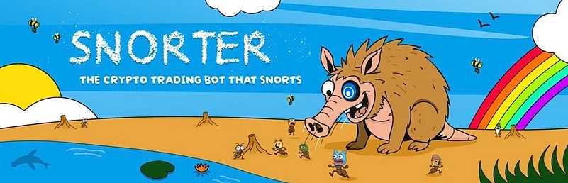 Snorter crypto trading bot banner with cartoon beast, rainbow, sun, bees, and tiny characters